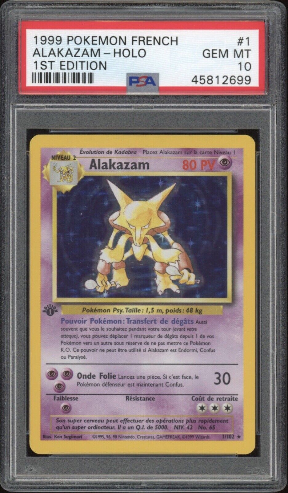 1999 Pokemon FRENCH 1st Edition Base Set Alakazam Holo 1/102 PSA 10 GEM MINT