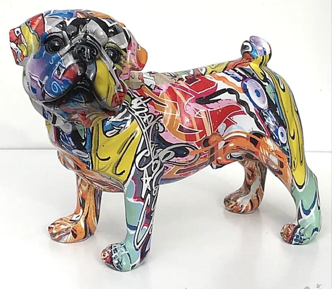 Groovy Art Graffiti Art PUG Dog Each is Uniquely Colored Resin 9” x 8”. NEW