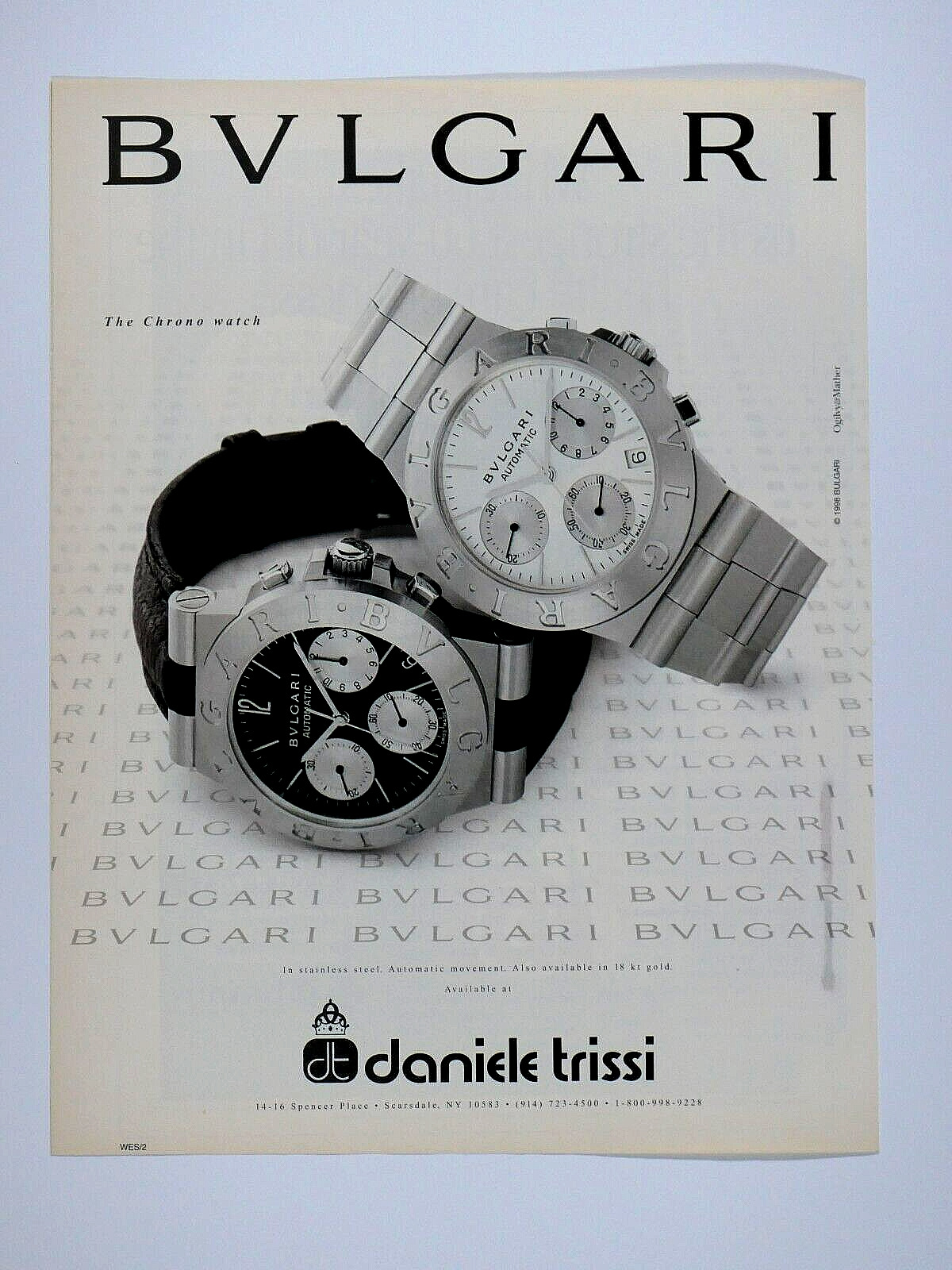 Daniele Trissi Scarsdale NY Regional Bulgari VTG 1999 Chrono Original Print Ad