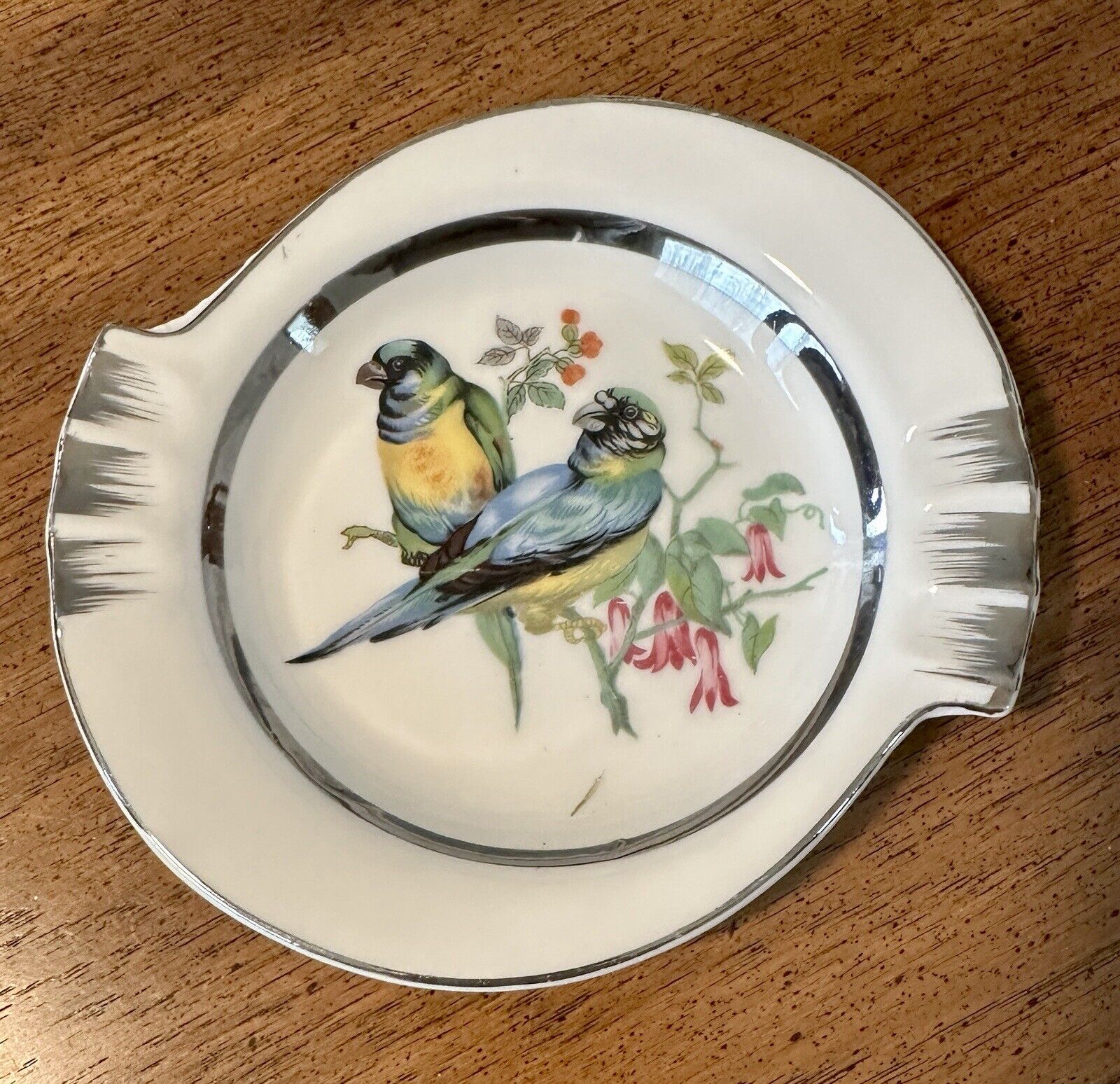 VTG Rare Ashtray Birds Porcelain Silver Trim 6\