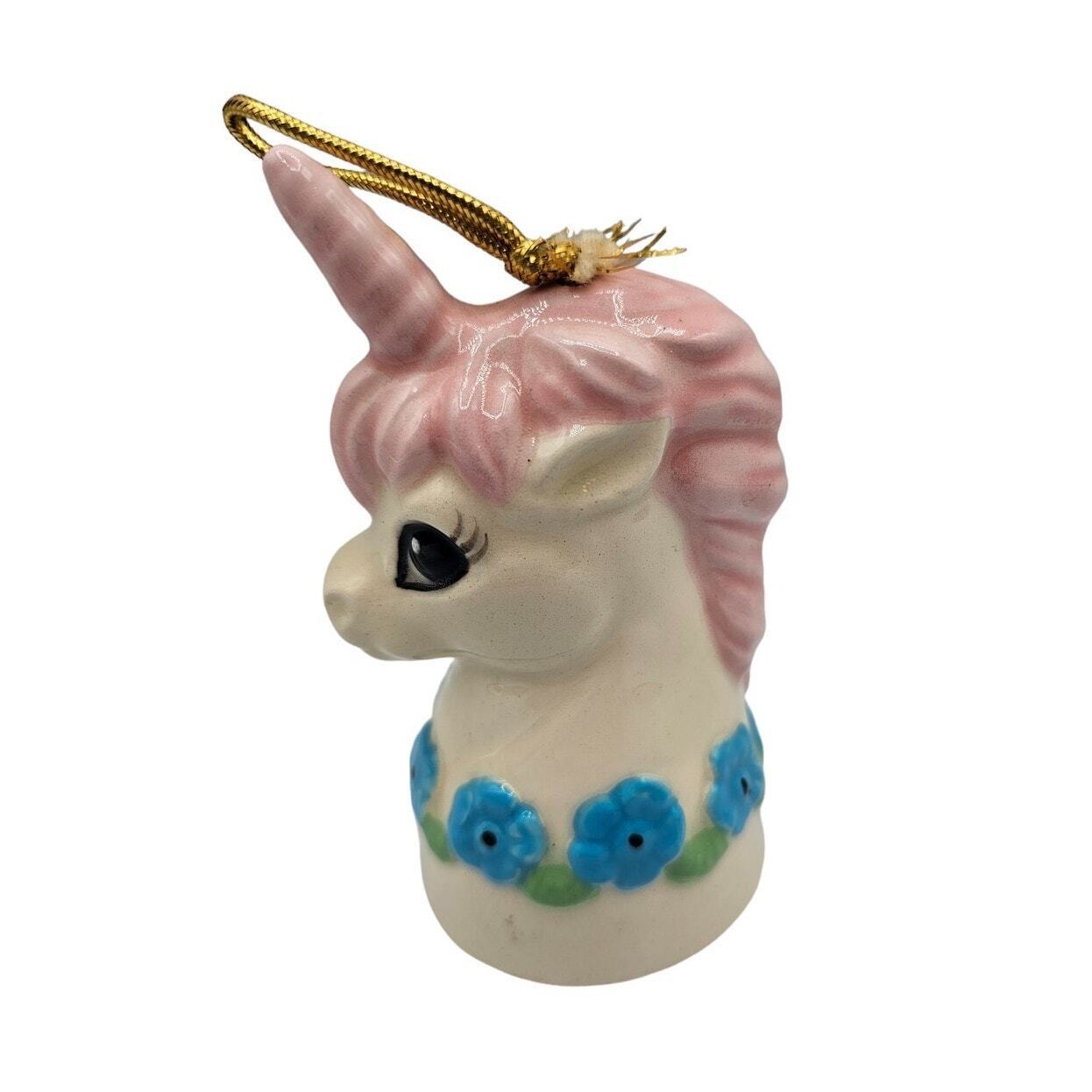 Vintage 1970s Hand Painted Unicorn Bust Bell Ceramic Big doe Eyed