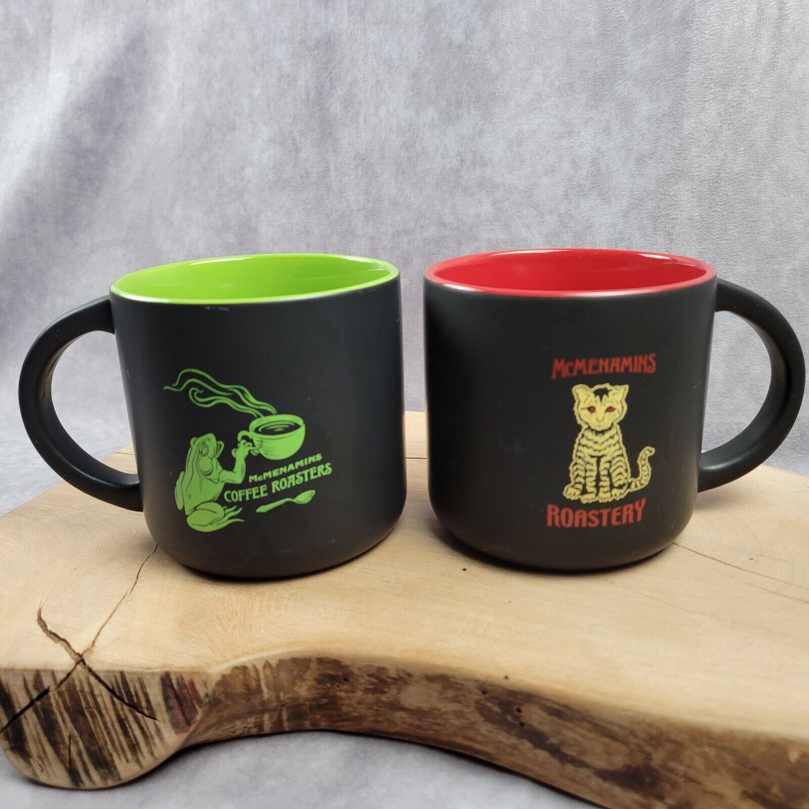 McMenamins Roastery Black Mug Cup Red Lion Green Frog Oregon Souvenir Lot Of 2
