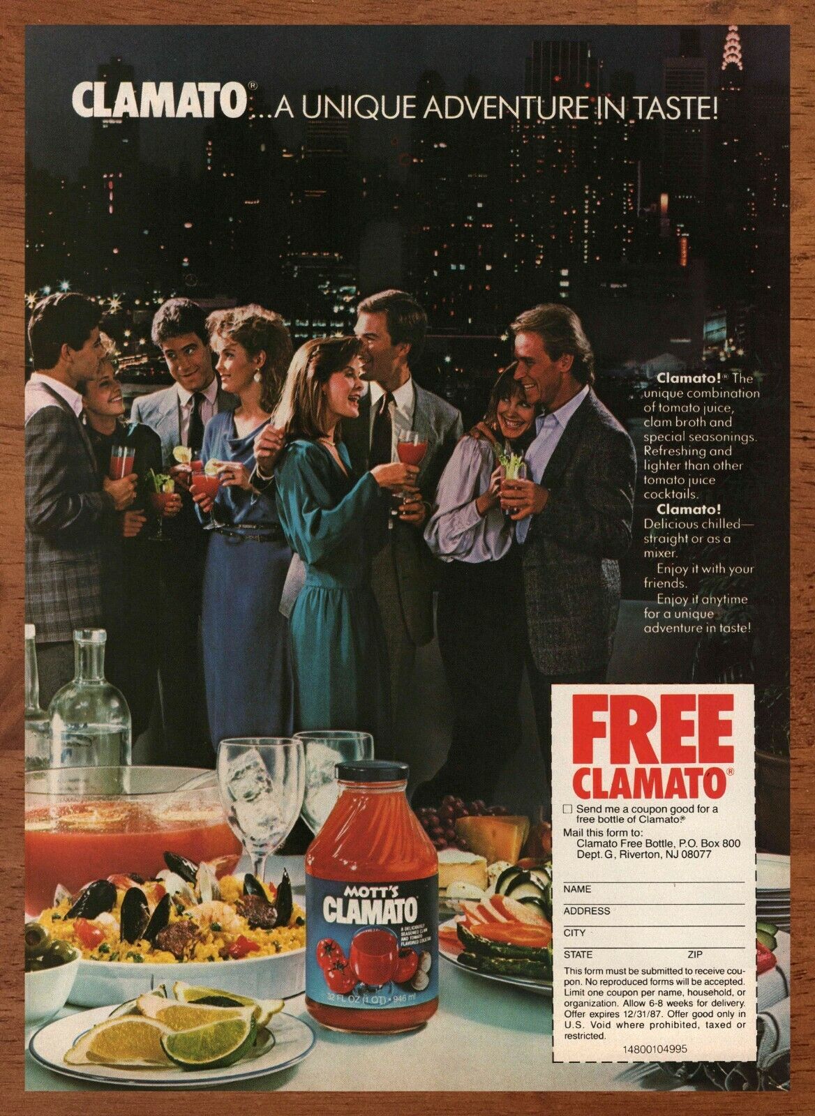 1987 Mott\'s Clamato Cocktail Vintage Print Ad/Poster 80s Retro Bar Art Décor  