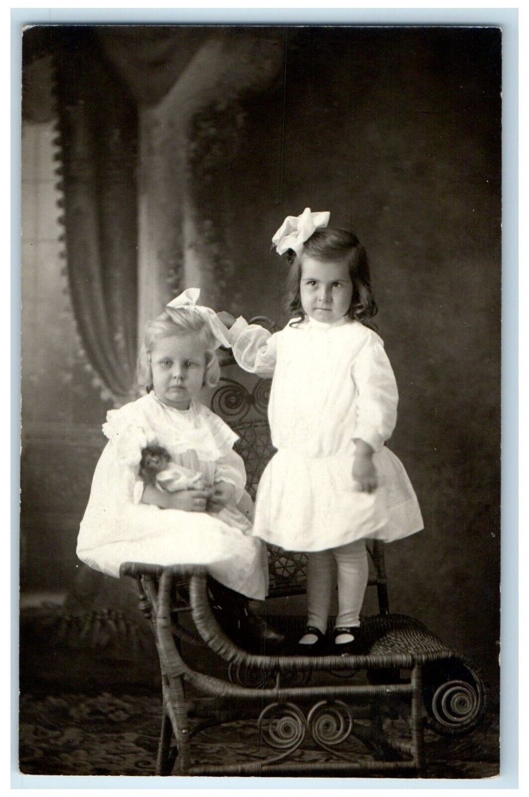 c1910's Cute Little Girls With Doll Studio Portrait RPPC Photo Antique Postcard