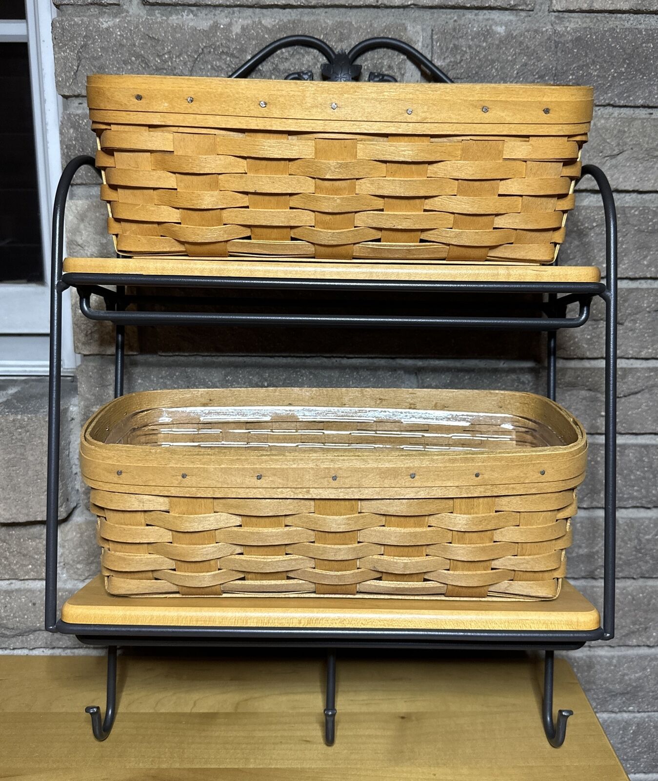 Longaberger Wrought Iron Envelope Rack Shelf 2 Woodcraft Shelves 2 Baskets Used