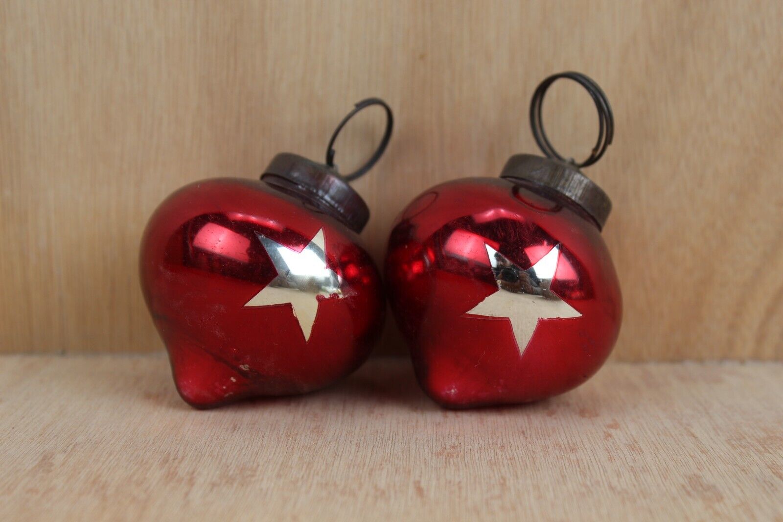 Old Kugel Red Glass Ball Stars Vintage Christmas Decorative Ornament Set 2 Pcs