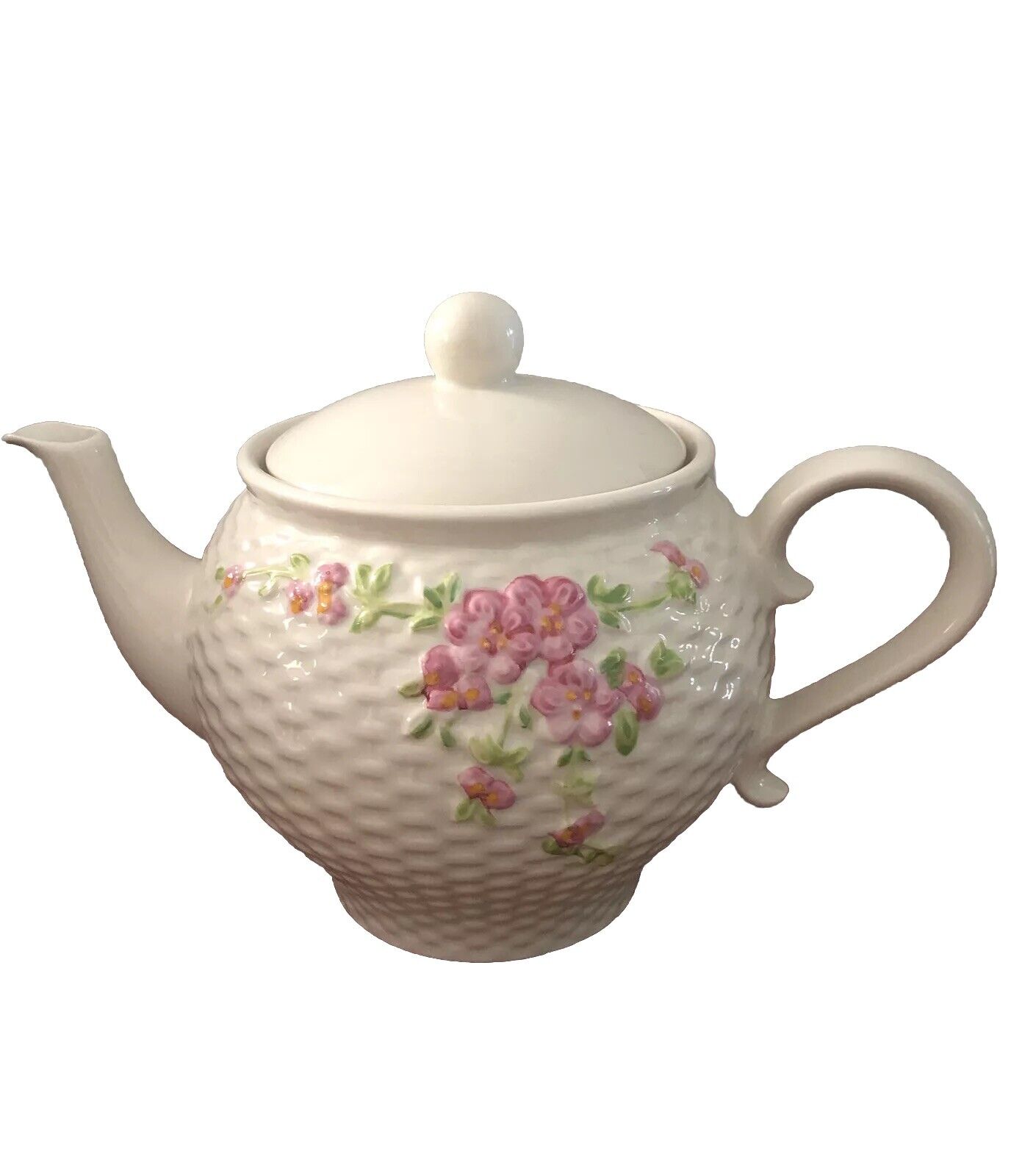Vintage A Teleflora Gift TeaPot Basket Weave Texture Pink Flowers 1985 Japan