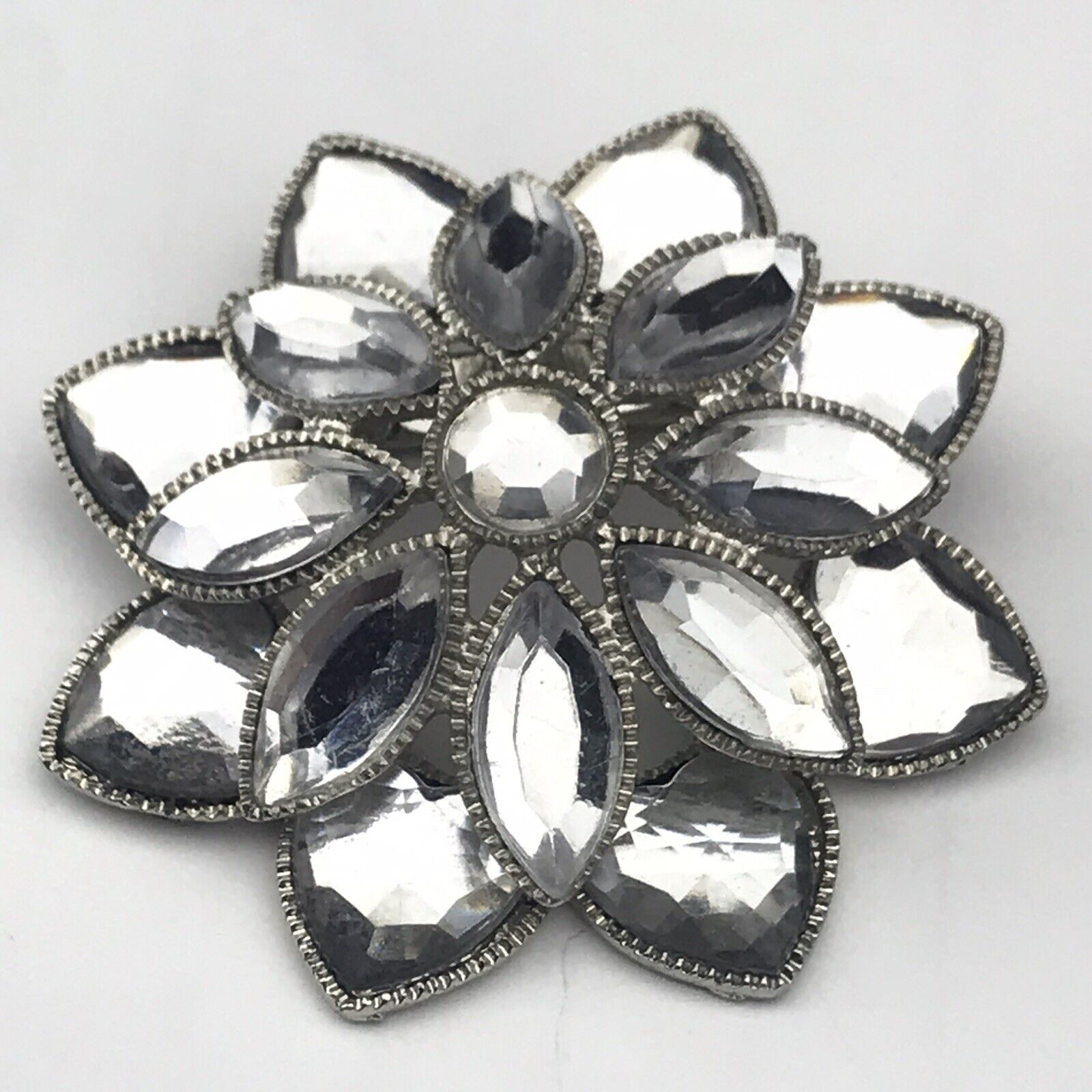 Flower Brooch Glass Silver tone Pin