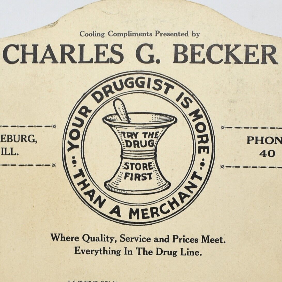 1930s Charles G Becker Druggist Pharmacist Pharmacy Store Freeburg Illinois Fan