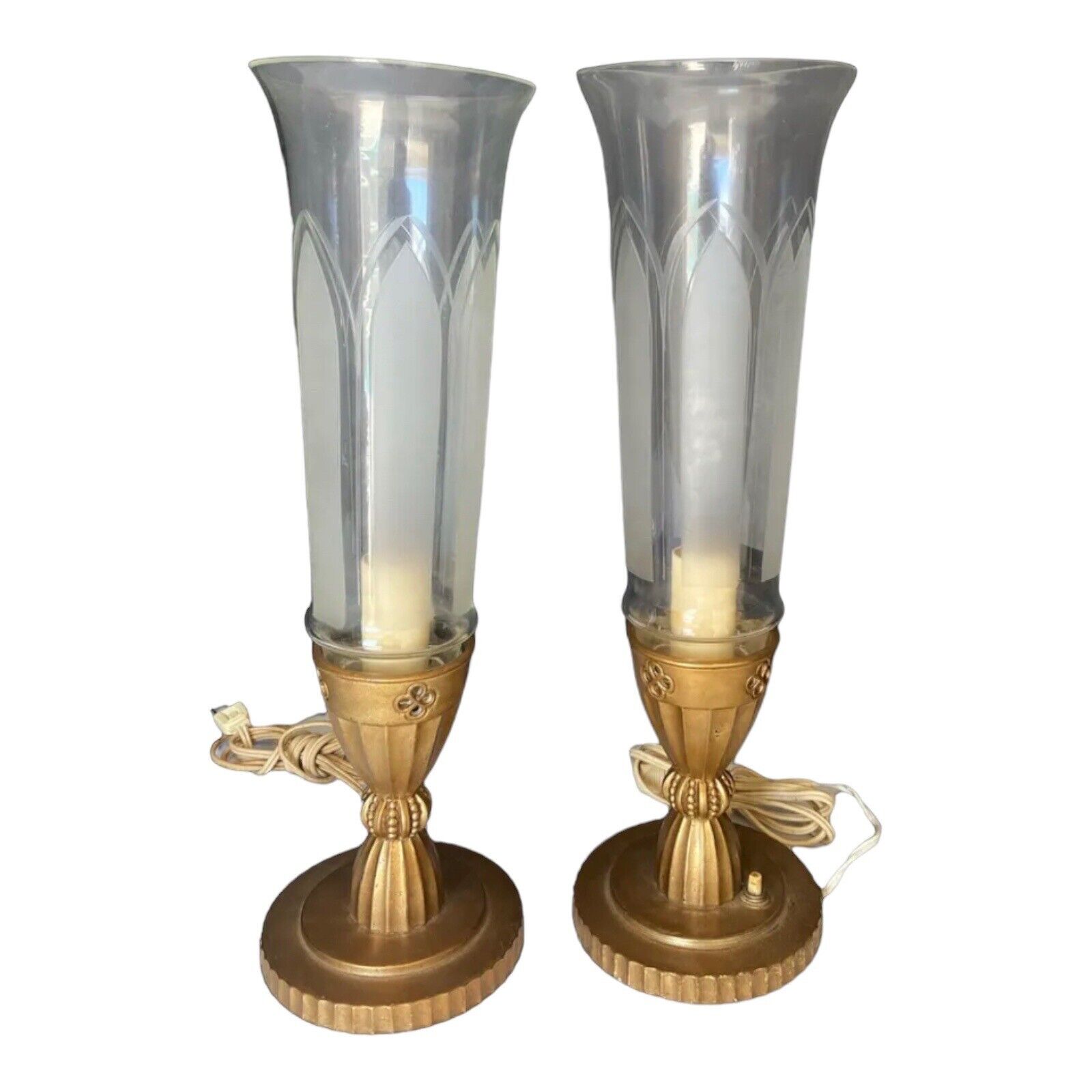 Antique French Art Deco Table Lamps Torchiere Frosted Glass Heavy Bronze Base