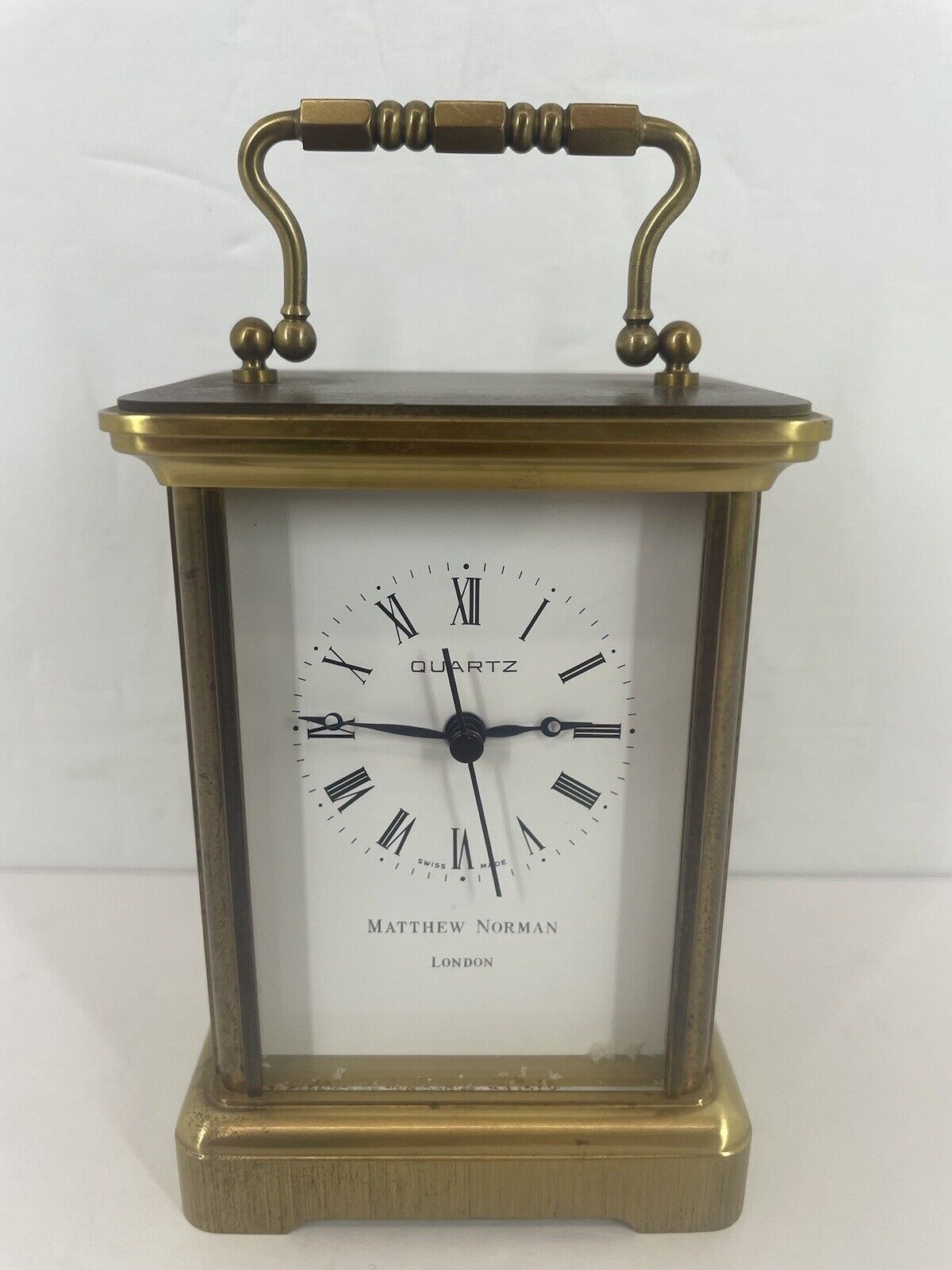 Matthew Norman London Brass Carriage Clock Swiss made Quartz Battery movement
