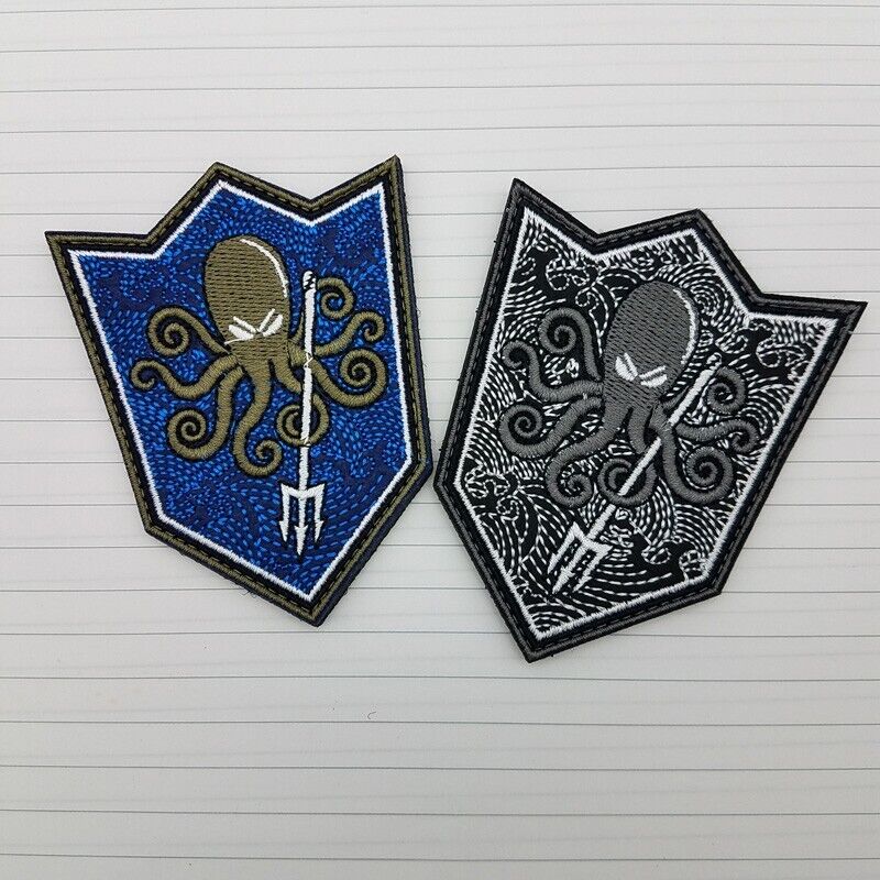 2Pcs OCTOPUS TRIDENT BADGE EMBROIDERED TACTICAL HOOK & LOOP PATCH BLUE GRAY