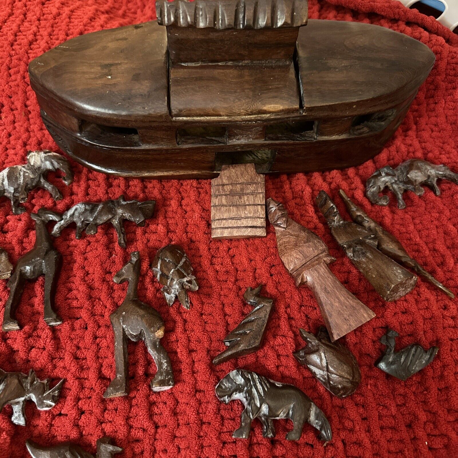 Wooden Noah’s Ark with 18 animals African Fair Trade Handcarved African Folk Art