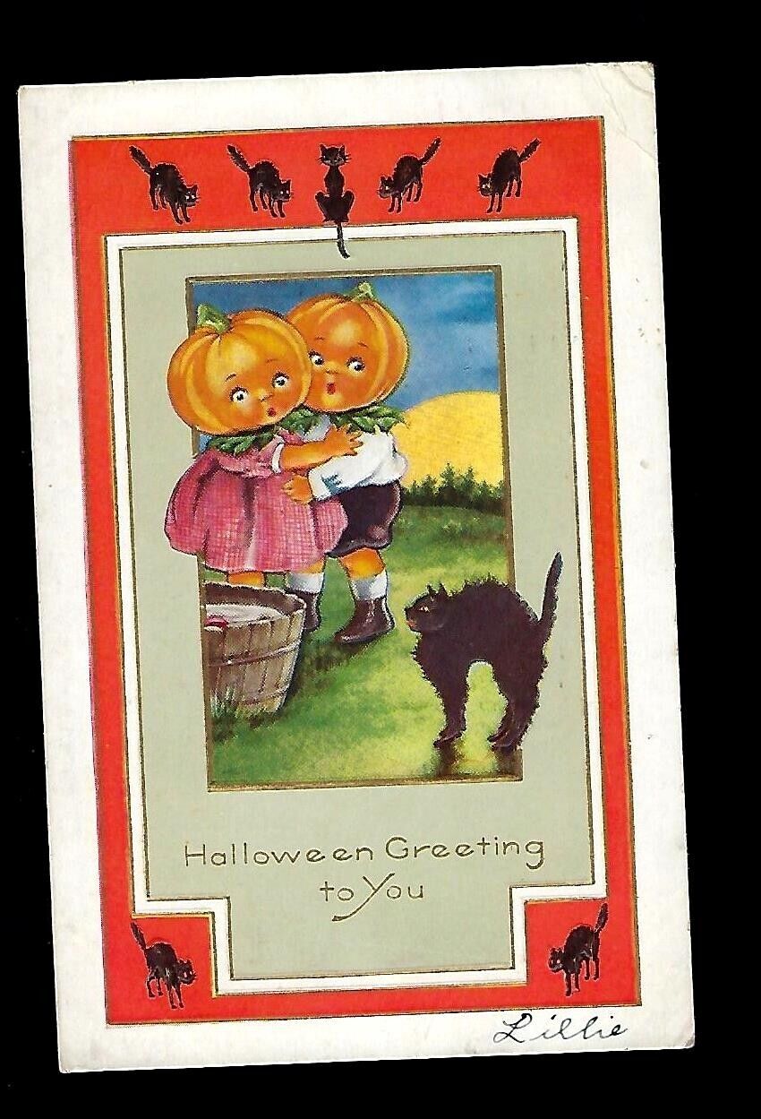Early 1900\'s Whitney Made Halloween Postcard 2 Pumpkin Head Children, Black Cat