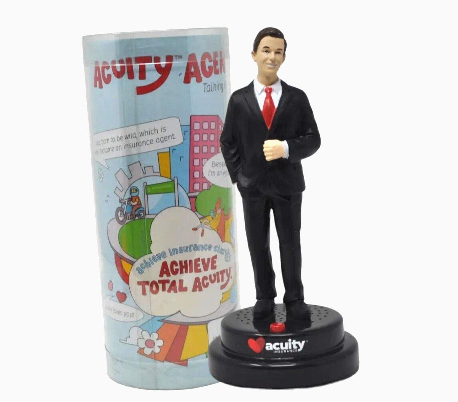 Acuity Insurance Talking Agent Figure With Box, In Preowned Condition As Found.