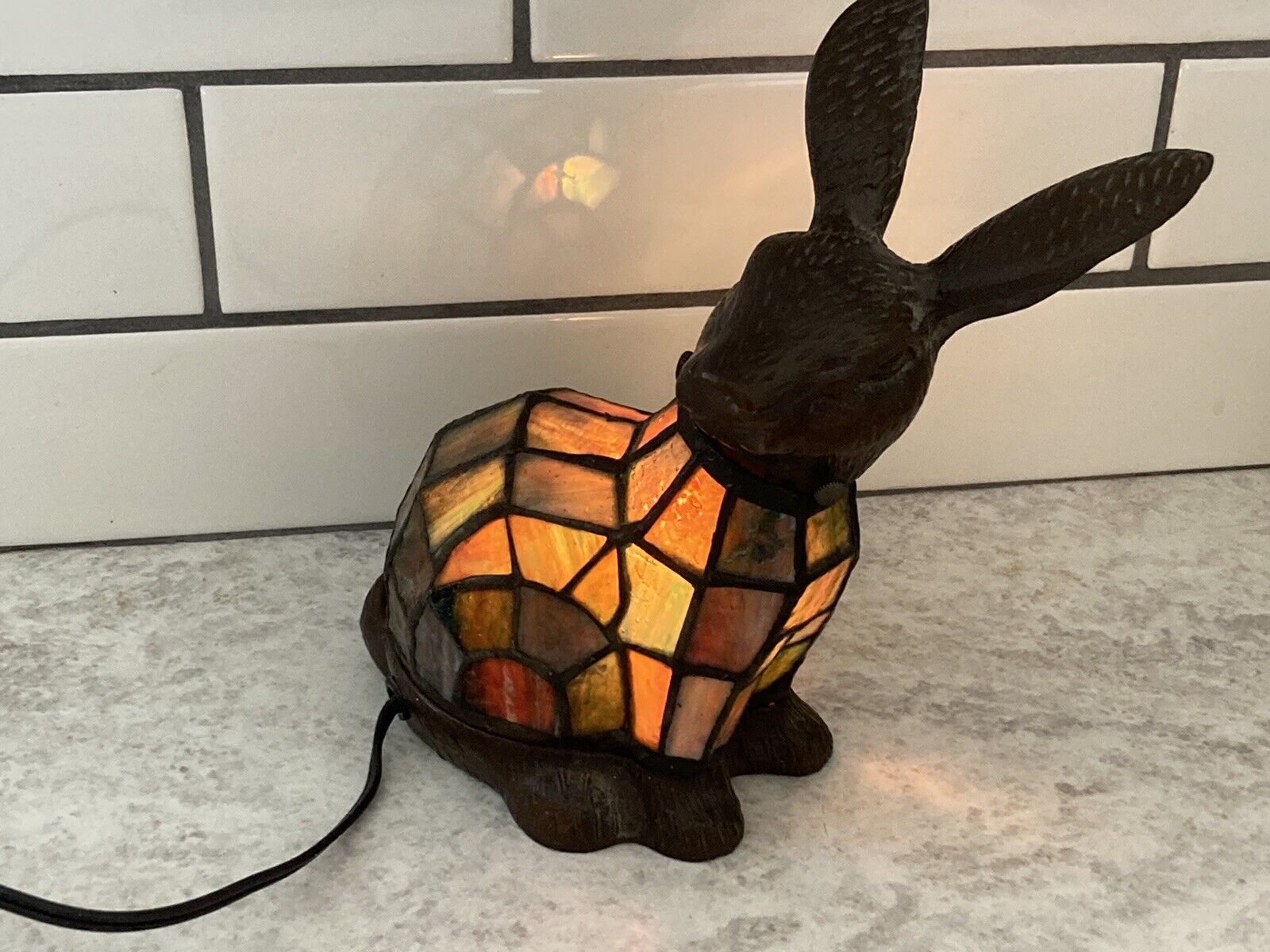 Vintage Rabbit Cast Iron Stained Glass Table Lamp