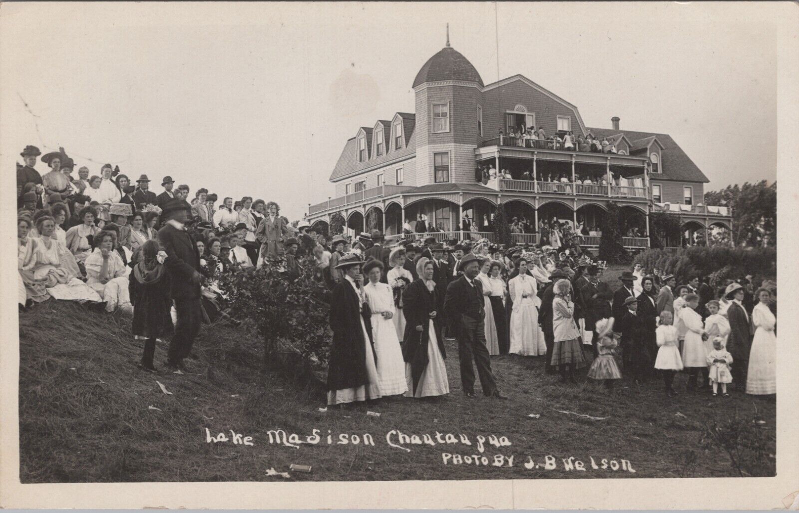 RPPC c1910s Chautauqua Hotel Lake Madison South Dakota SD Crowds Postcard 6685d2