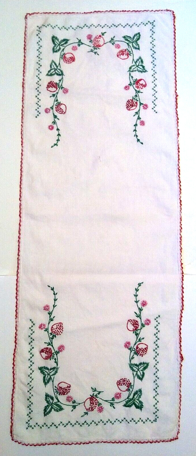 Vintage Table Runner Linen Embroidery Strawberry Floral 38x14 Inch Needle Work