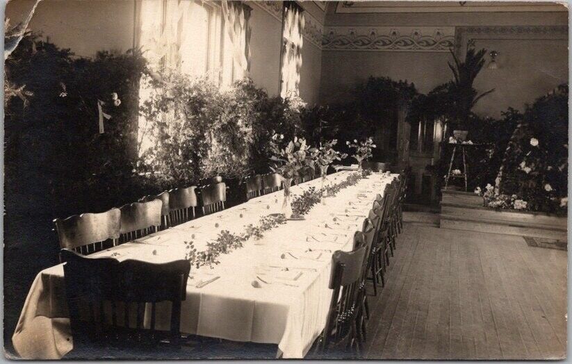 Vintage 1910s RPPC Photo Postcard Banquet Hall Interior View - Location Unknown