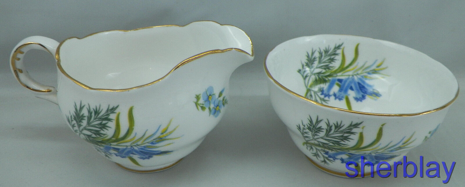 England Melba Fine Bone China White Creamer and Sugar bowl with Blue Flowers