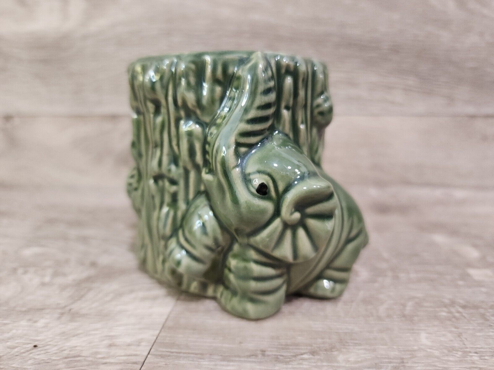 Vintage Majolica Pottery Bamboo Elephant Vase 3” Round Planter