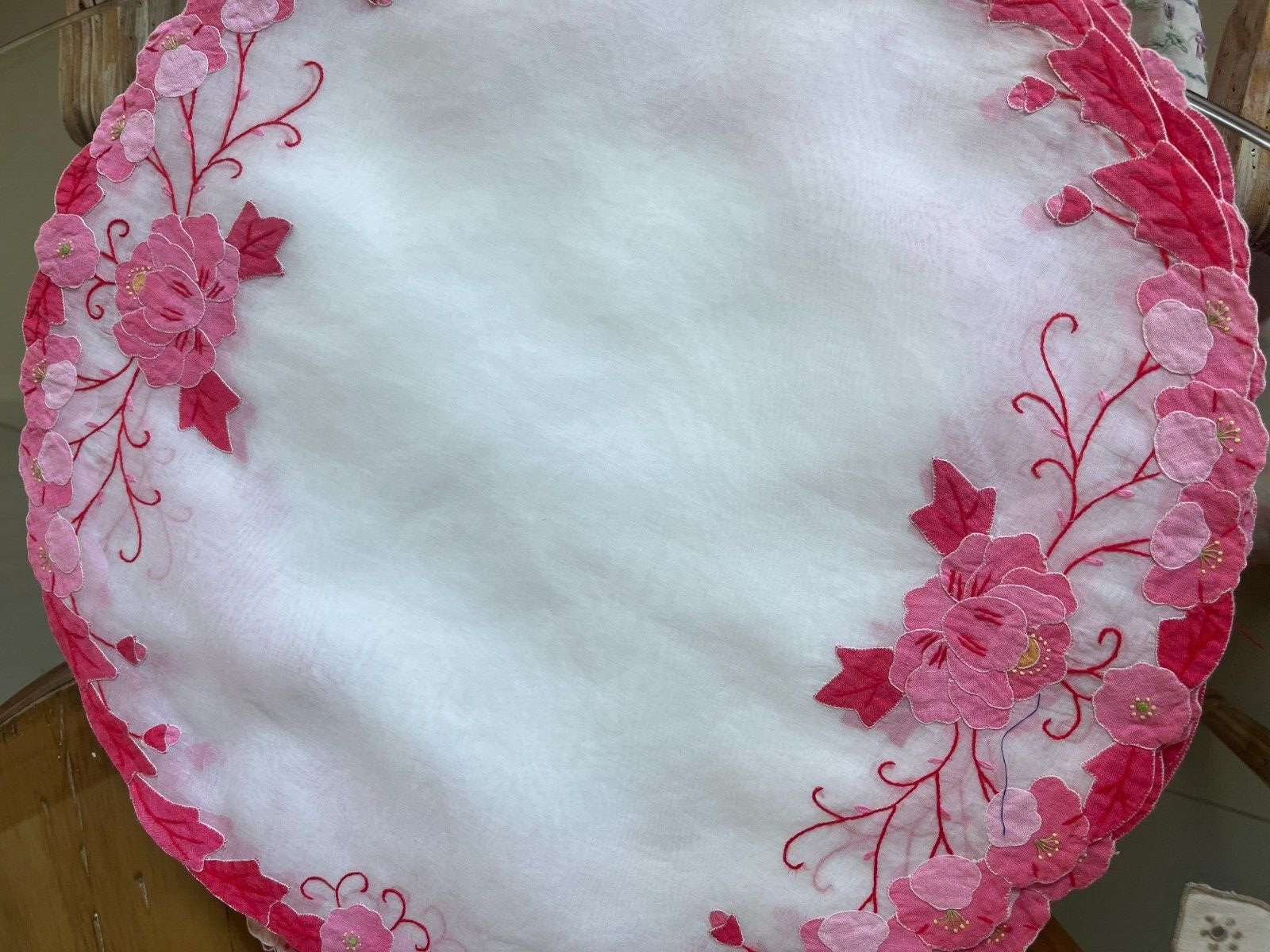 Pink Applique Roses Vintage Madeira Organdy Placemat Setting for 12