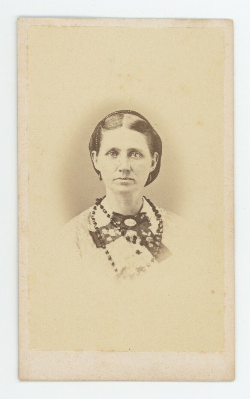 Antique CDV Circa 1870s Lovely Older Woman Wearing Beaded Necklace & Earrings