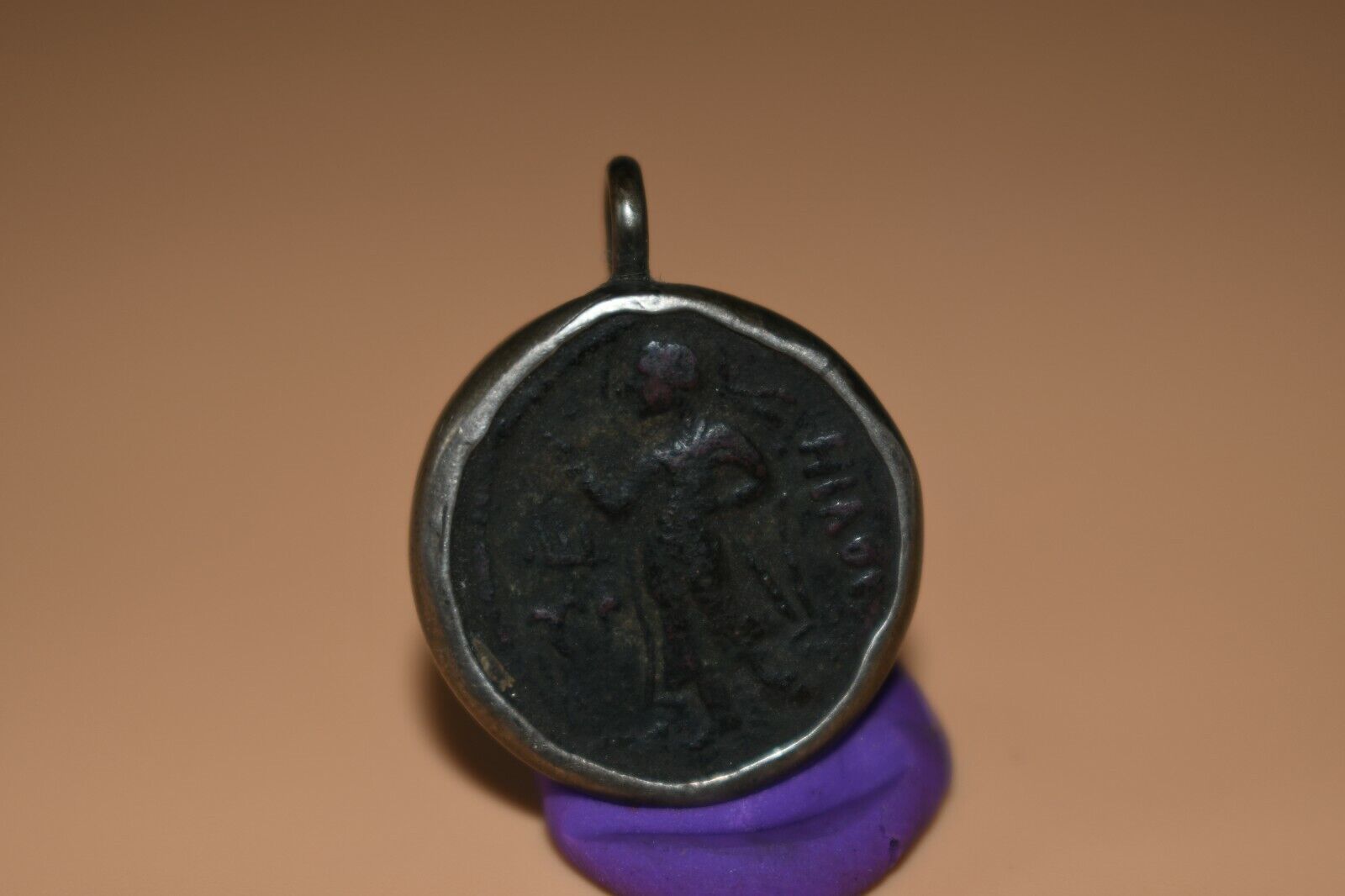 Lovely Ancient Roman Bronze Coin Pendant with modern Metal Mounting