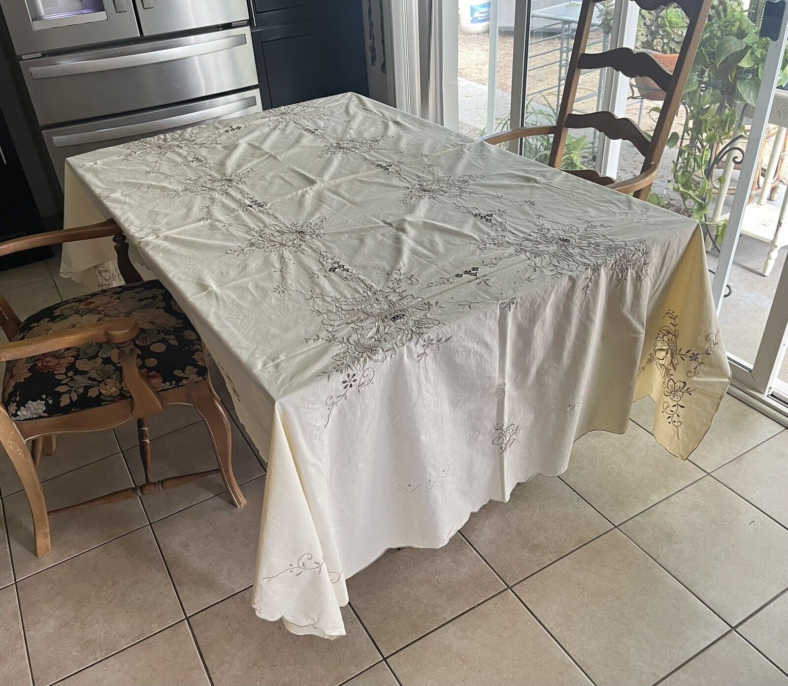 Vintage Embroidered Extra Large Tablecloth Banquet Size Rectangular 66 X 100”