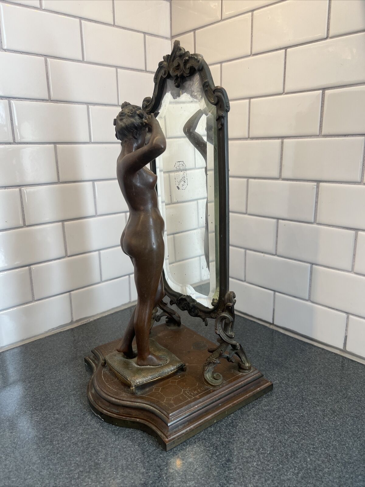 Antique Bronze Statue Woman Combing In Front of Mirror Emile Pinedo 1840-1916