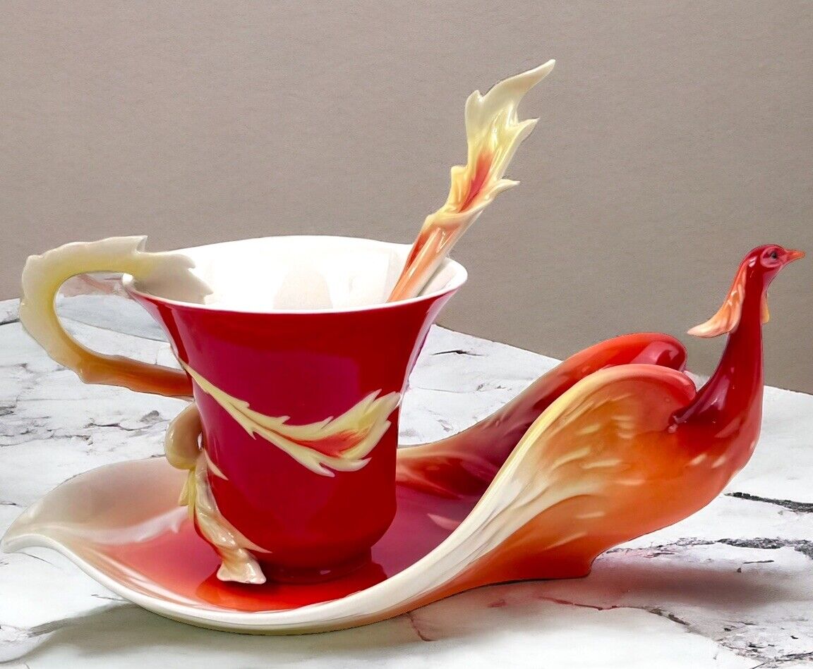 Franz PHOENICIAN FLIGHT Bird Porcelain Teacup, Saucer & Spoon FZ01739 3pc Set