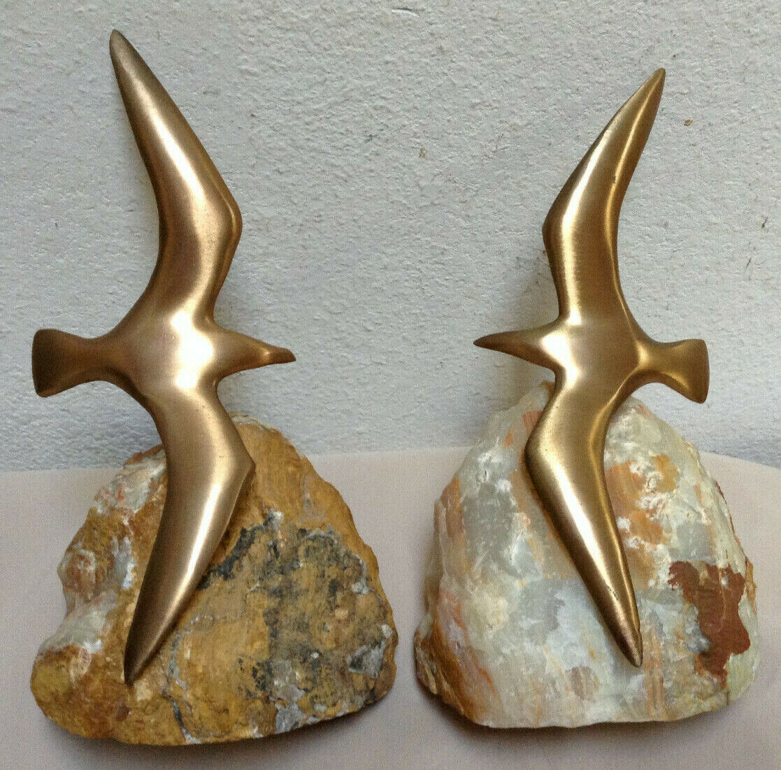 Vintage Curtis Jere Art Bookends Brass Seagull Sculpture Onyx Stone Signed 1977