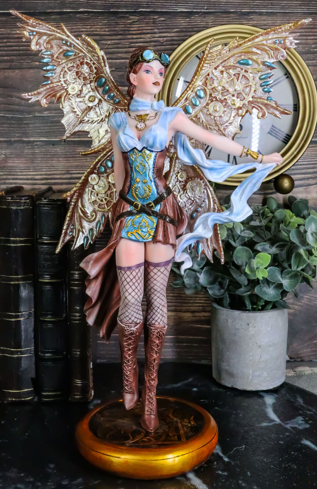 Aviator Assassin Steampunk Fairy Standing On Time Warp Machine Figurine 13\