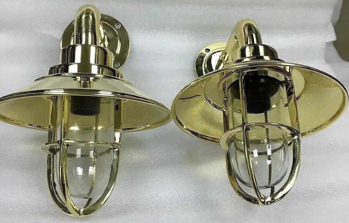 ANTIQUE NAUTICAL SMALL WALL BRASS PASSAGE ALLEY BULKHEAD LIGHT WITH SHADE 2 Pcs