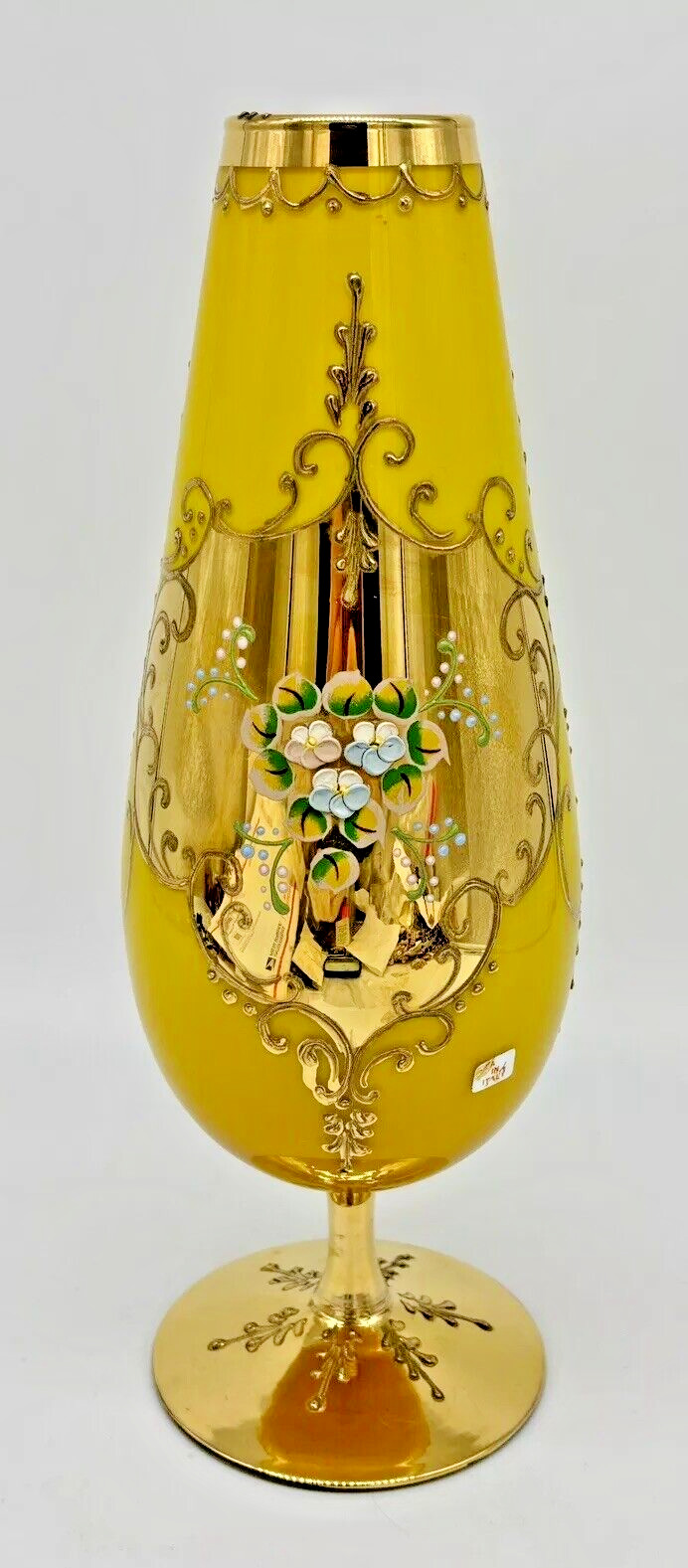 VTG Venetian Murano Glass 12” Vase With Gold & Raised Florals Hollywood Regency