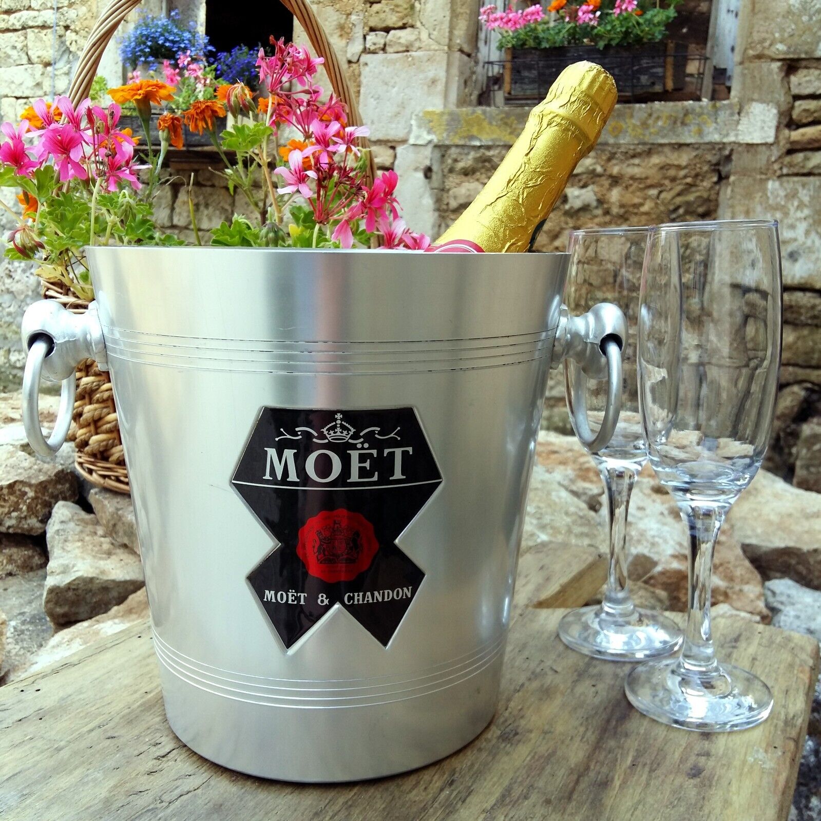 Vintage Moet & Chandon Champagne Metal Ice Bucket with Ringed Handles