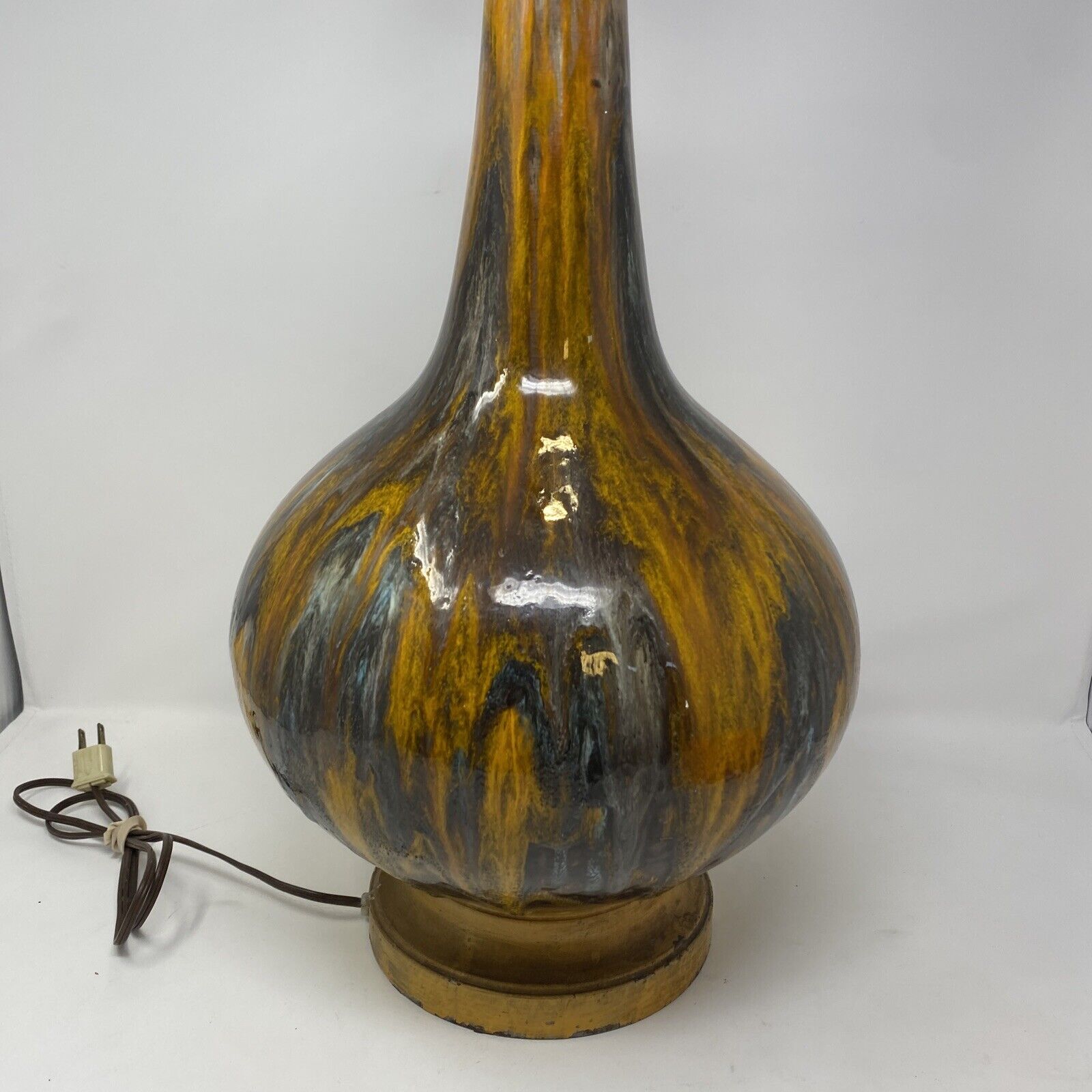 Vintage Mid Century Modern Table Lamp Ceramic Drop Glaze Orange Yellow Blue Grey