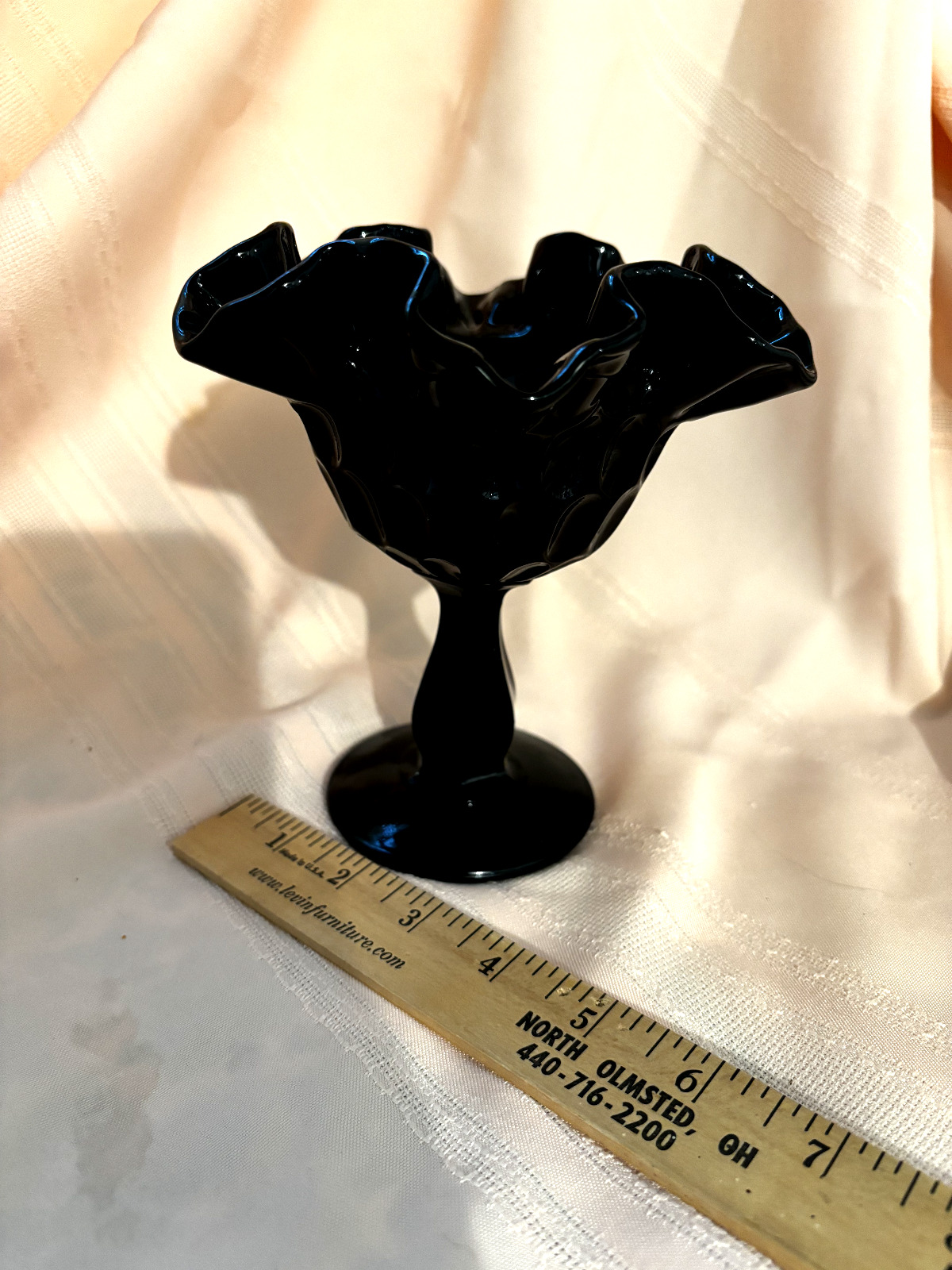 Vintage Fenton Black Pedestal Thumb Print Ruffled Edge Candy Dish