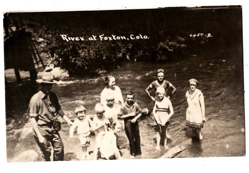 RPPC River at Foxton,Colo Postcard Fishing Creel Children Swimming Women 1920\'s-