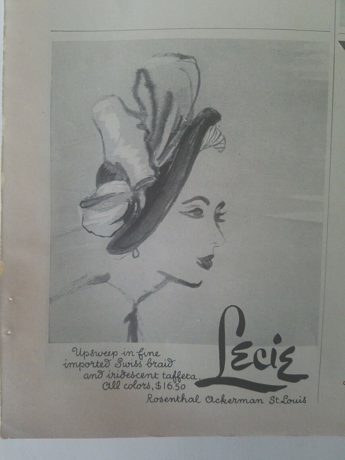 1949 womens Lecie hat imported swiss braid iridescent taffeta vintage fashion ad