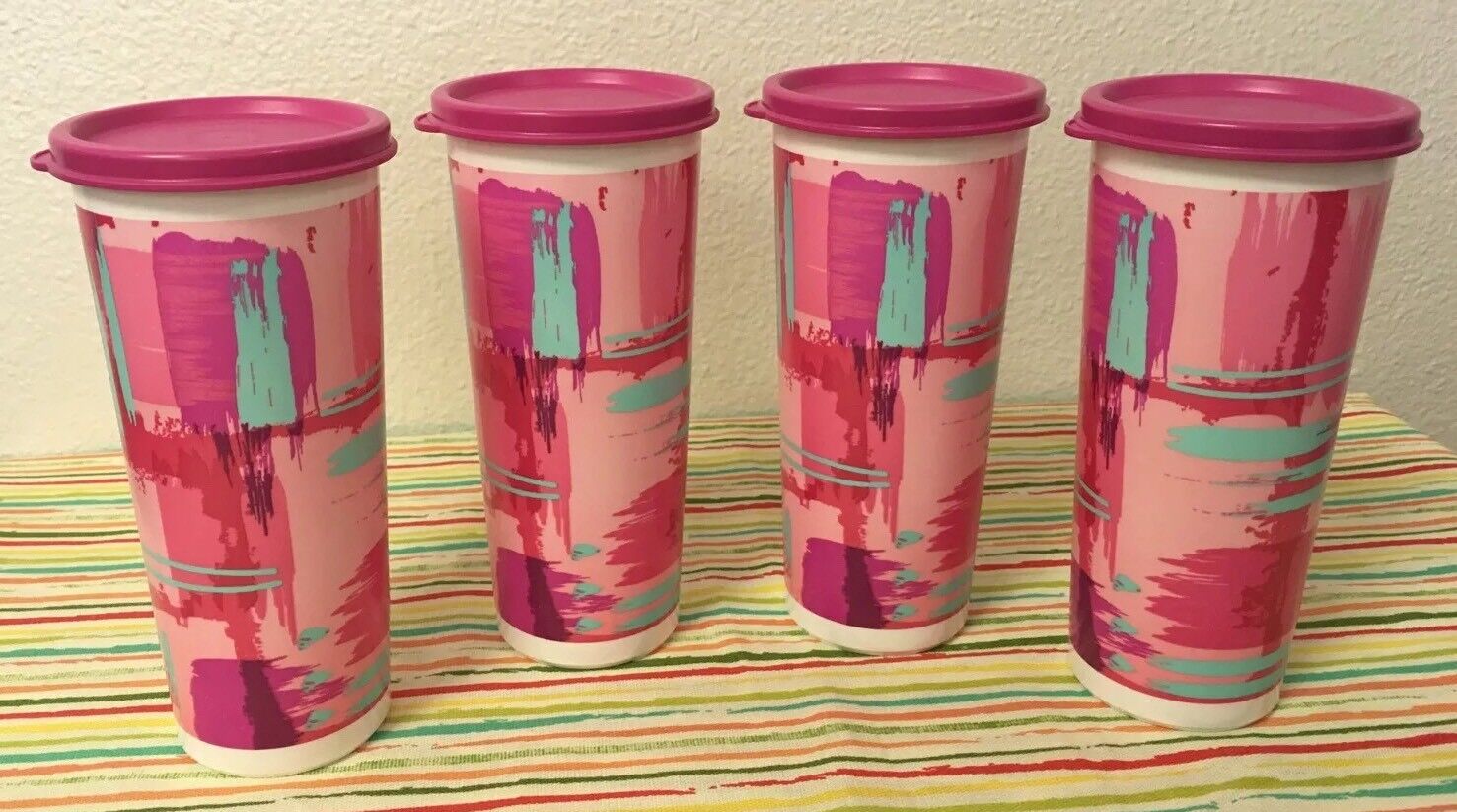Tupperware Straight Sided Tumblers Set of 4 Pink w/ White 16 oz New