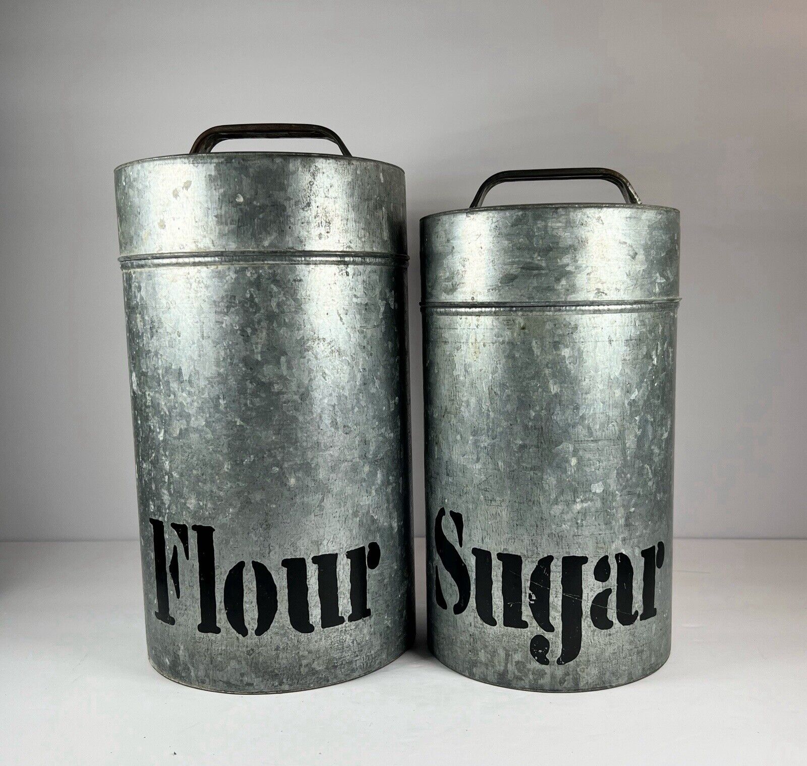Vintage Vandor Galvanized Metal Flour & Sugar Kitchen Storage Canisters