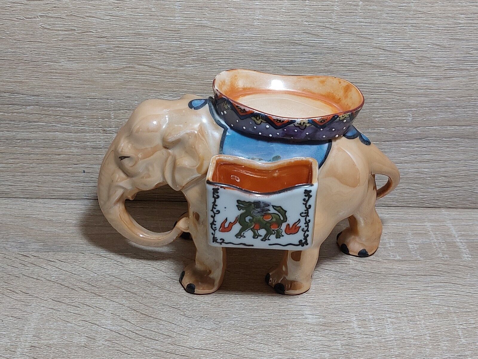 Decorative Brown Ceramic Elephant Ashtray And Cigarette Holder Made In Japan