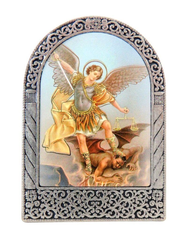 Saint Michael the Archangel Icon in Silver Tone Metal Arch Standing Plaque