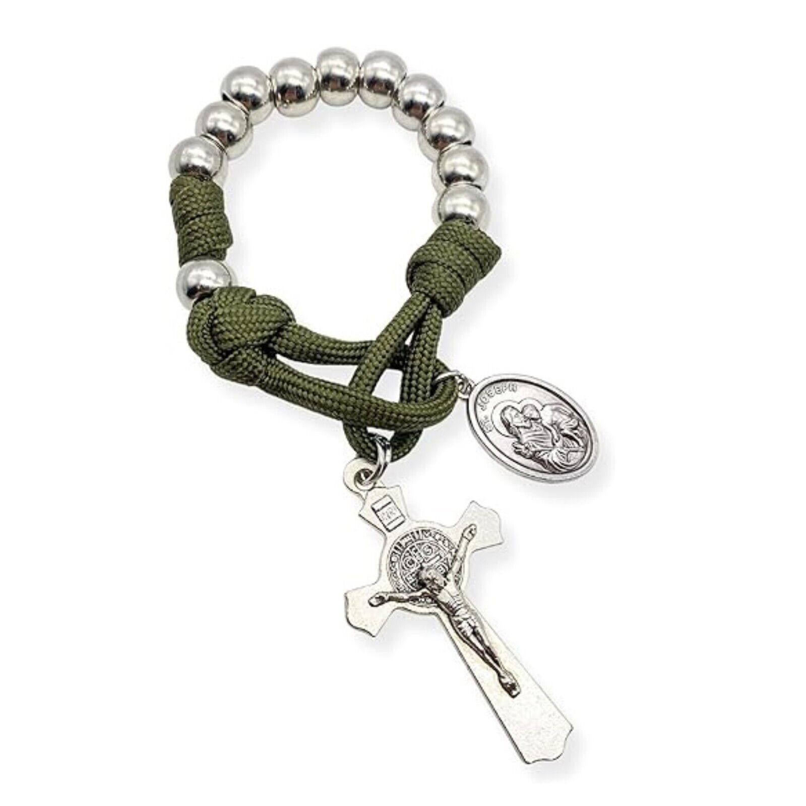 One Decade Military Paracord Rosary Silver Beads Pocket Rosary St. Joseph Medal