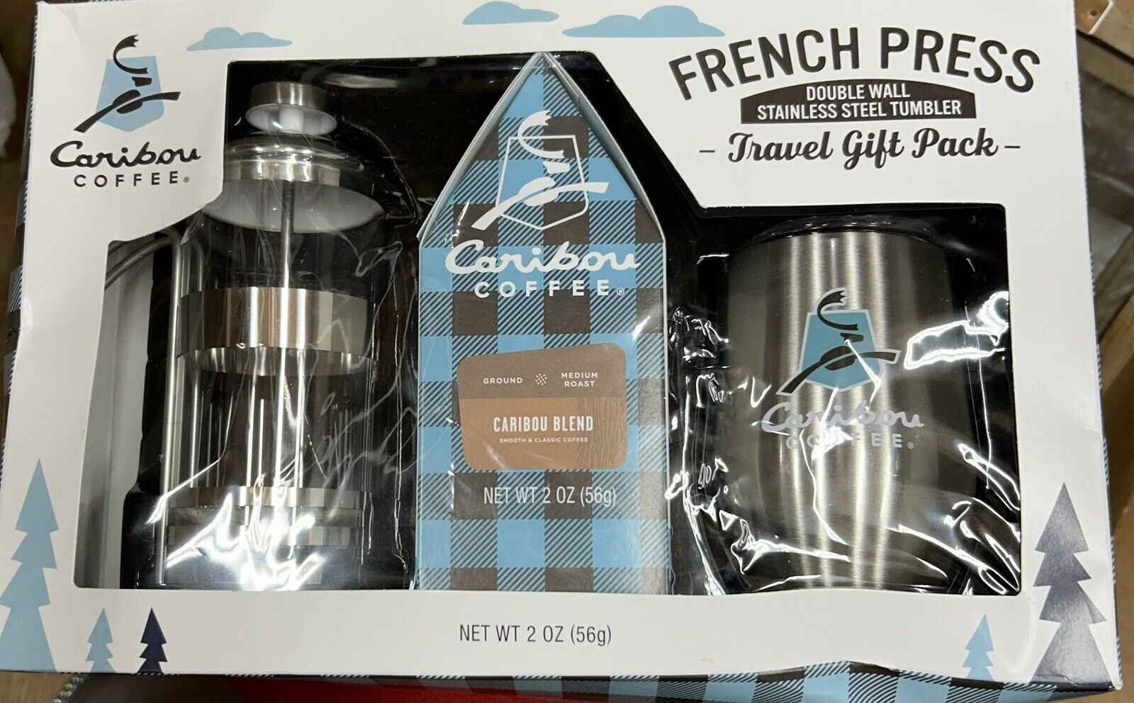 Caribou Coffee Travel Gift Pack- French Press, Tumbler, 2 oz Coffee Grounds NIB