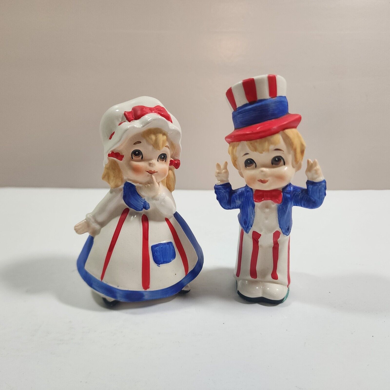 Vintage Lefton Patriotic Uncle Sam Betsy Ross Figurine Kitsch 1970's 4th Of July