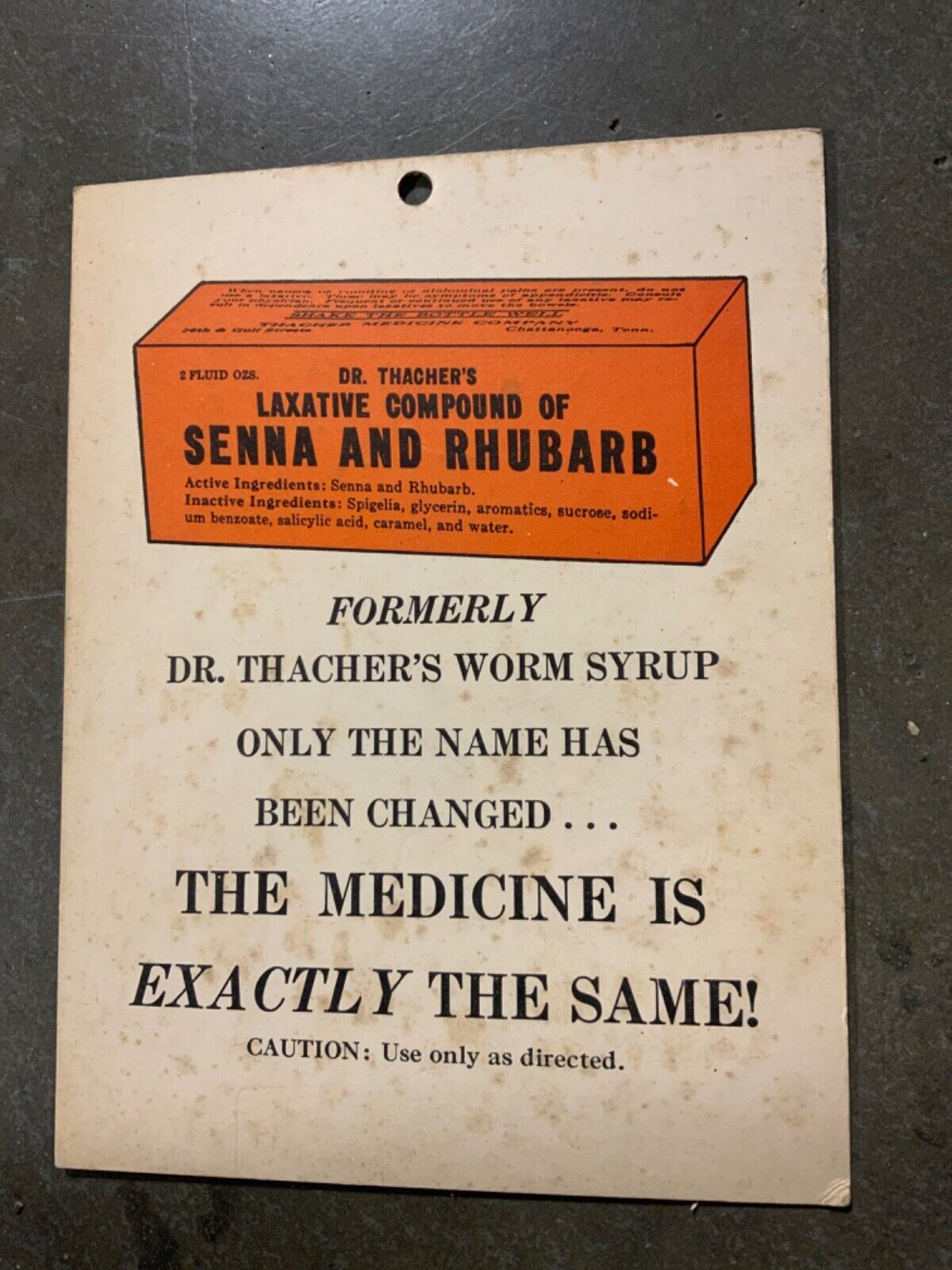Dr.  Thatcher's Senna & Rhubarb WORM Syrup Cardboard Sign Chattanooga TN