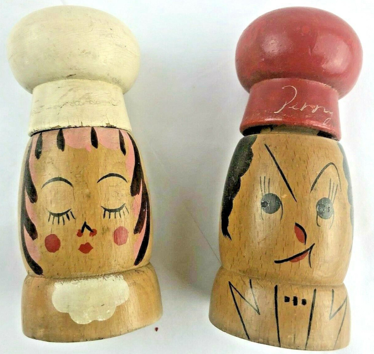 Vintage Wood Salty Peppery Chef Hats Salt and Pepper Shakers Japan