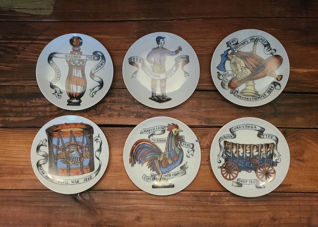 Vintage '60s Set of 6 Lipper & Mann Fornasetti-Style Americana Coasters w/ Stand